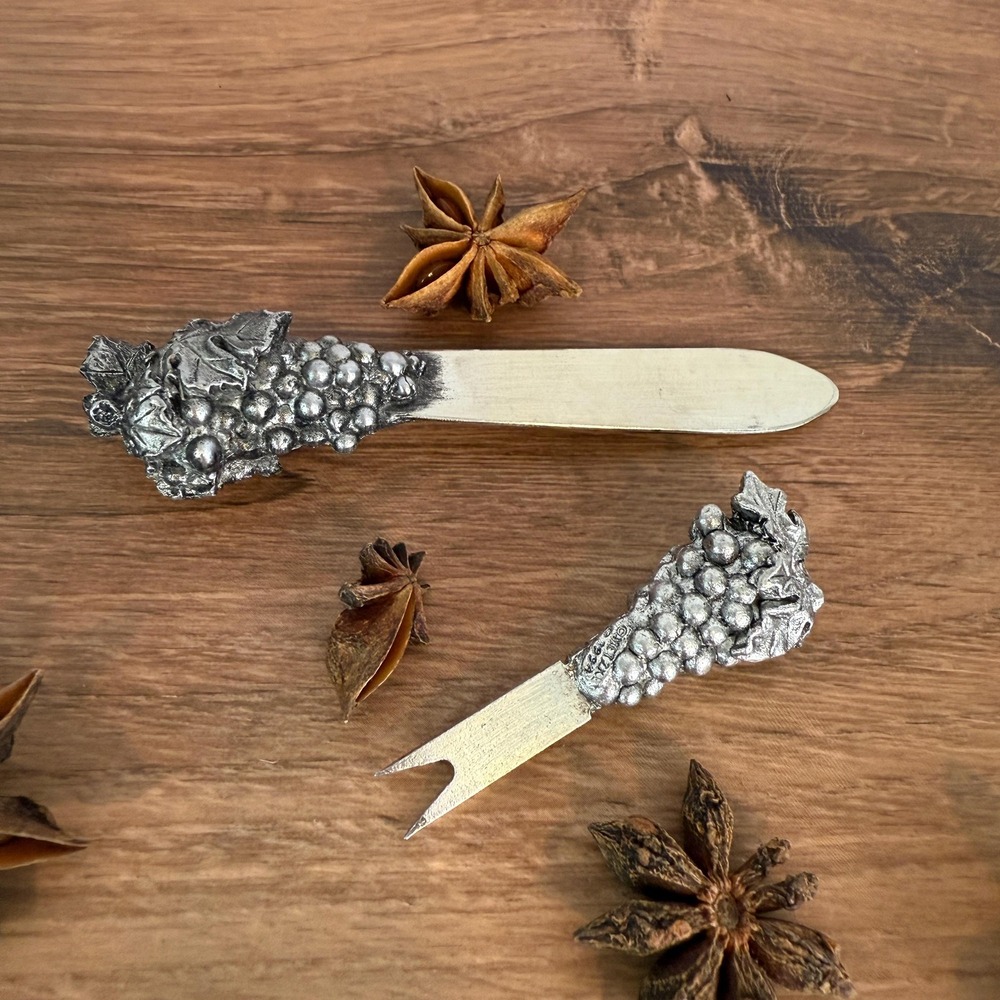 Vintage Metzke Pewter Cheese Spreader and Fork Set, Grape Motif